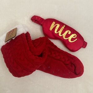 Red Knit Slipper Socks with Nice/Naughty Sleep Mask